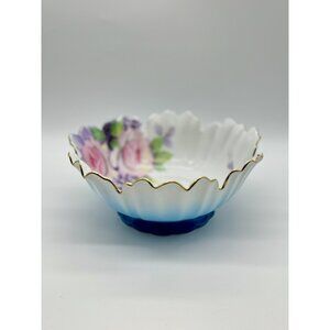Noritake Hand Painted Ruffle Floral Flower Blue Good Porcelain Footed Bowl Japan